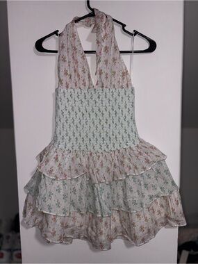 Altar'd State Floral Tiered Halter Dress in White with Pink and Green Print